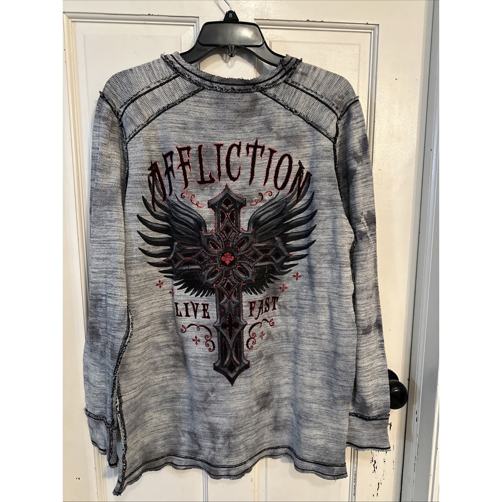 Affliction Reversible Thermal Shirt Mens XL Waffle Knit long Sleeve Y2K Metallic
